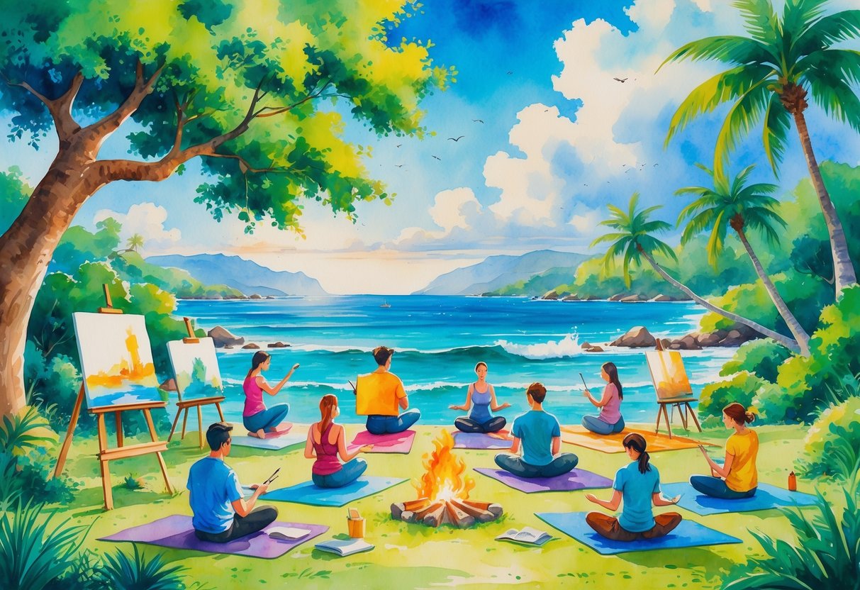 A group of people enjoying different hobbies outdoors by the coast, including painting, yoga, reading, and playing guitar.