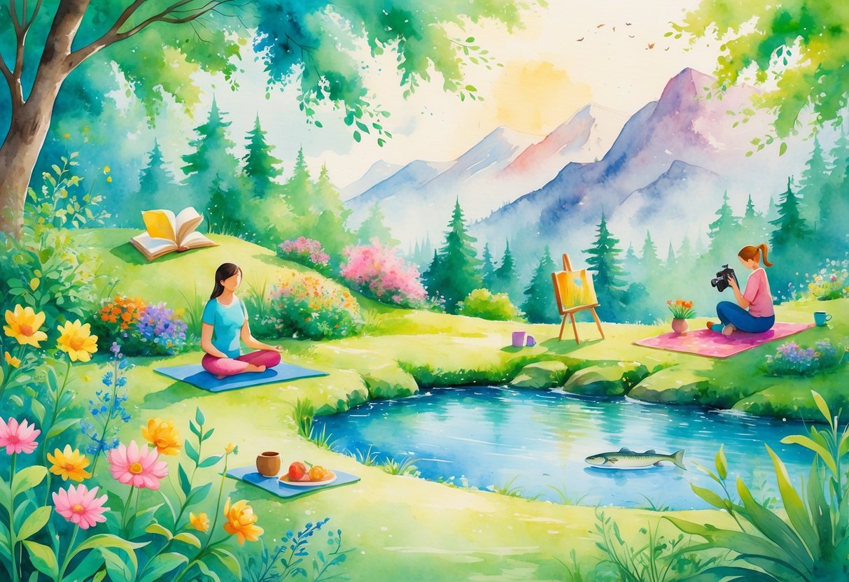 A peaceful outdoor and indoor scene showing people engaged in gardening, yoga, reading, painting, playing music, cooking, hiking, photography, fishing, and crafting.