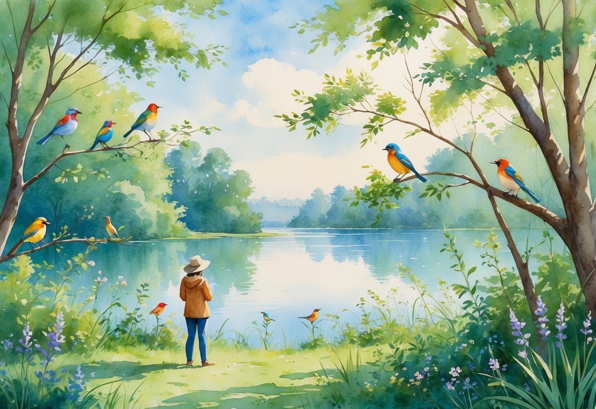A person quietly watching colorful birds in a peaceful forest near a calm lake.