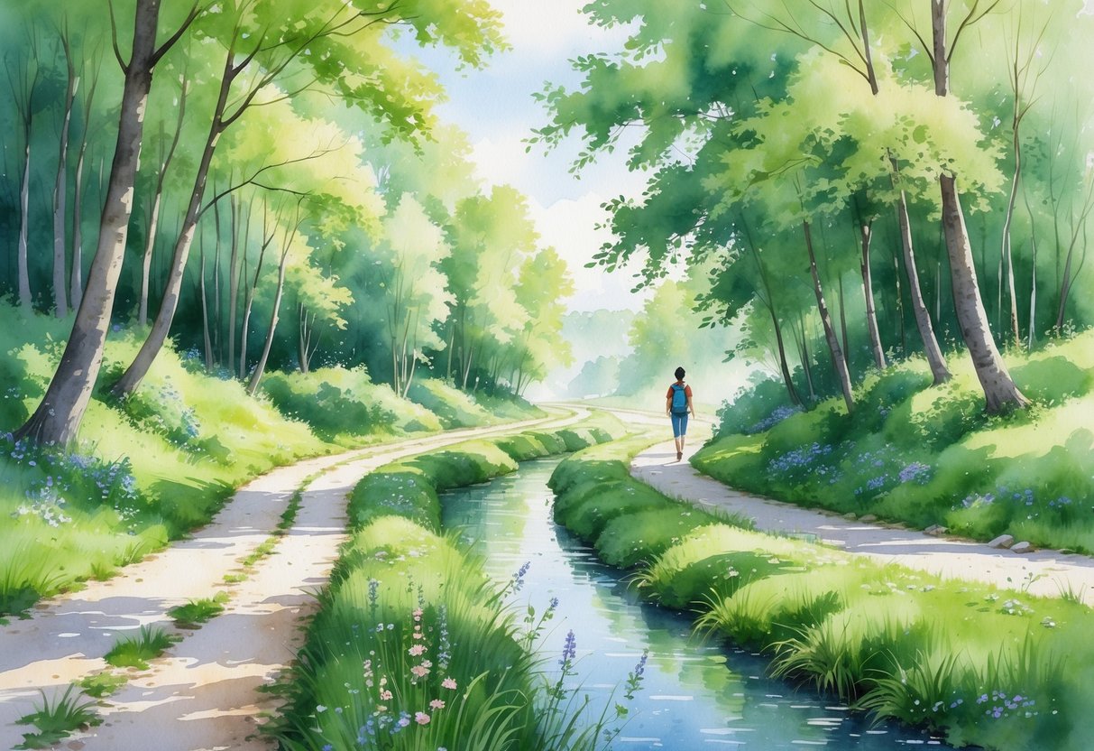 A person walking along a forest path surrounded by trees, wildflowers, and a calm stream.