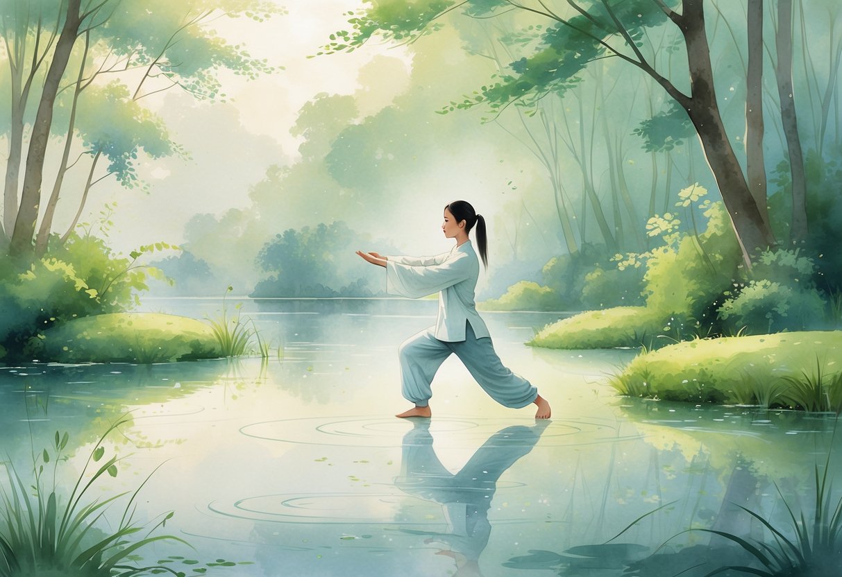 A person practicing Tai Chi outdoors near a pond surrounded by trees and greenery.