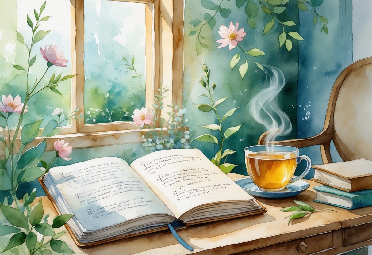 A peaceful scene showing an open journal on a wooden desk next to a cup of tea, surrounded by flowers and leaves in a cozy indoor space.