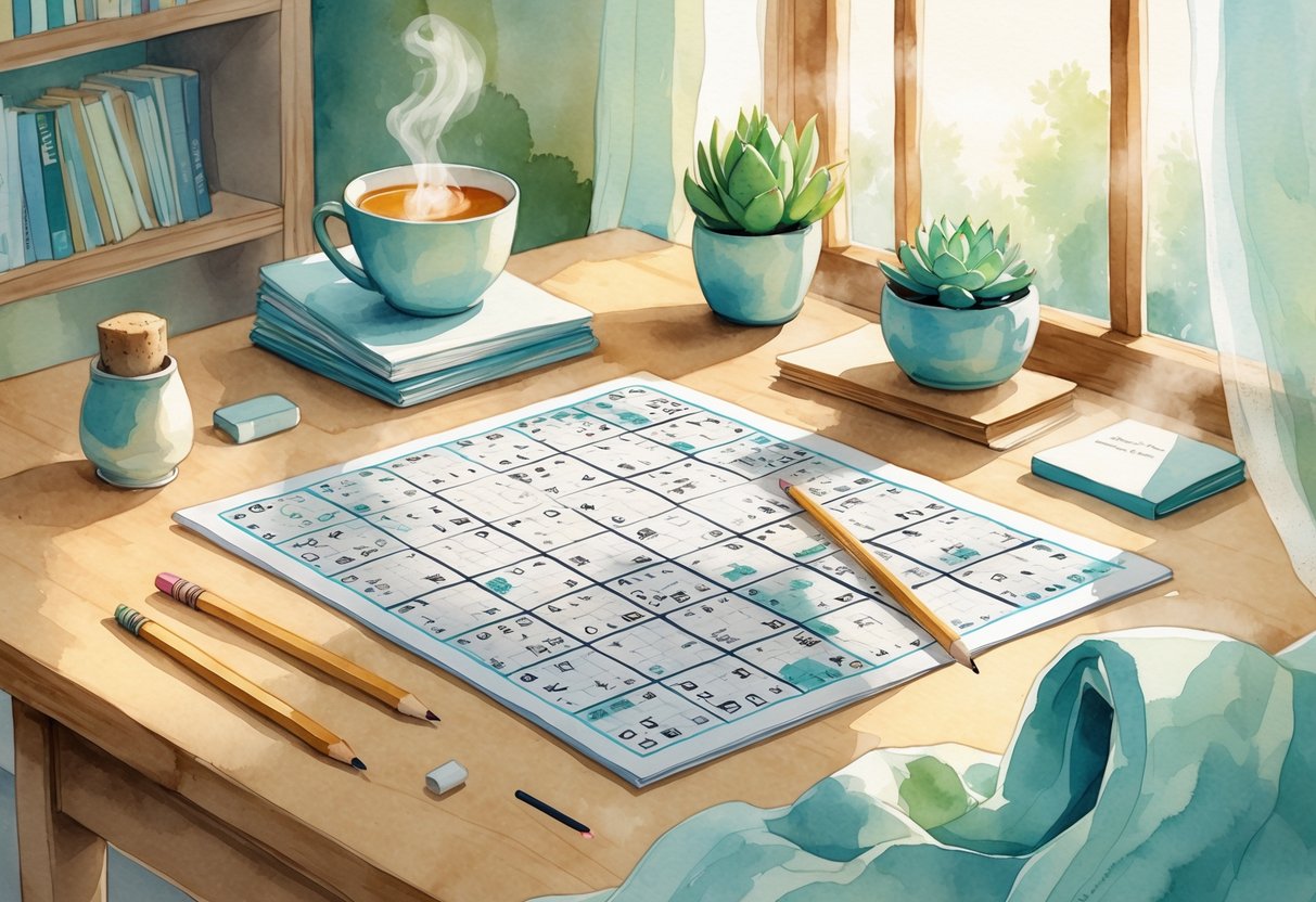 A cozy table with a Sudoku puzzle, pencil, tea cup, and a small plant in a calm home setting.
