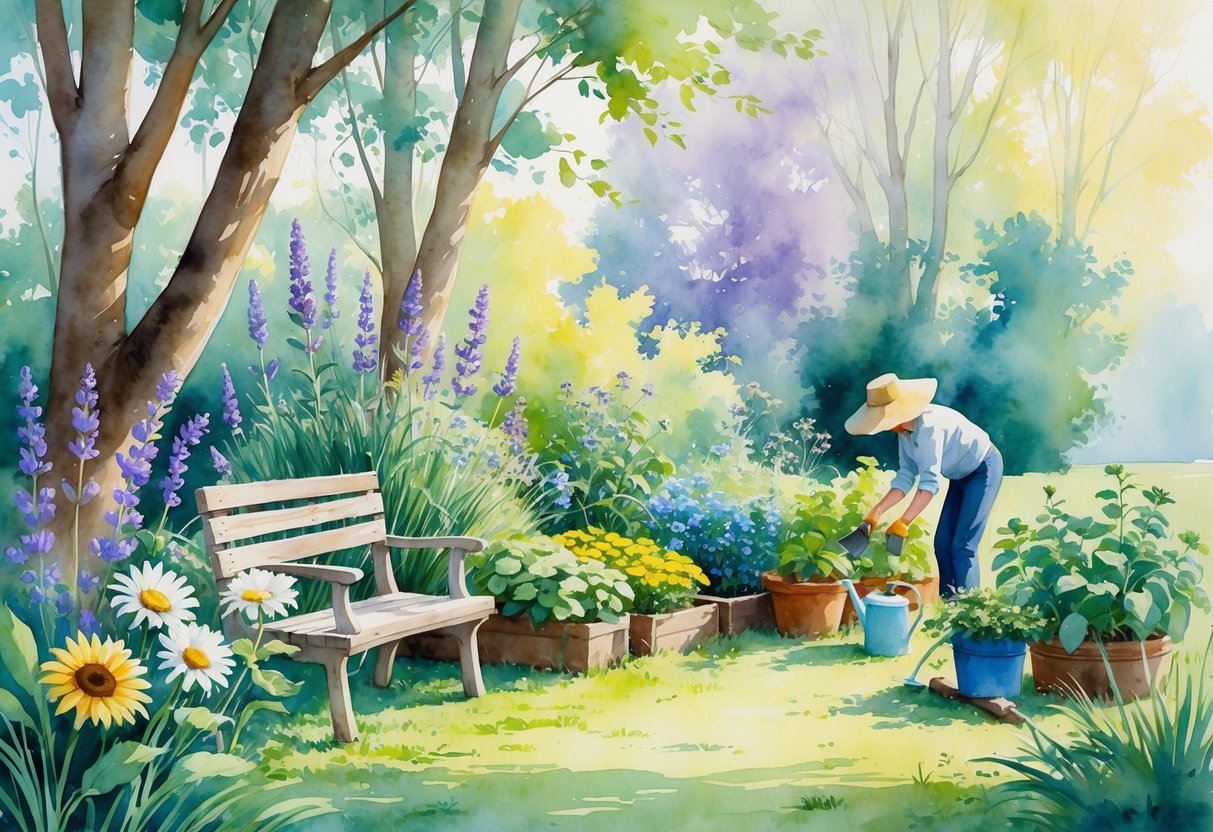 A person tending to flowers and vegetables in a peaceful garden with trees, flowers, and gardening tools nearby.