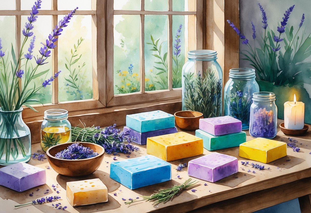 A peaceful workspace with soap making supplies including dried flowers, soap bars, essential oils, and a candle on a wooden table near a window with plants.