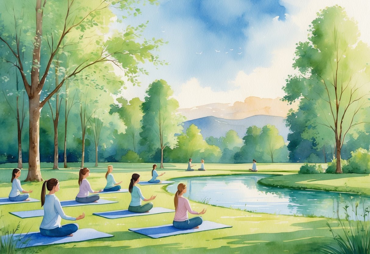 People practicing yoga outdoors in a peaceful park surrounded by trees, grass, and a small pond under a clear sky.
