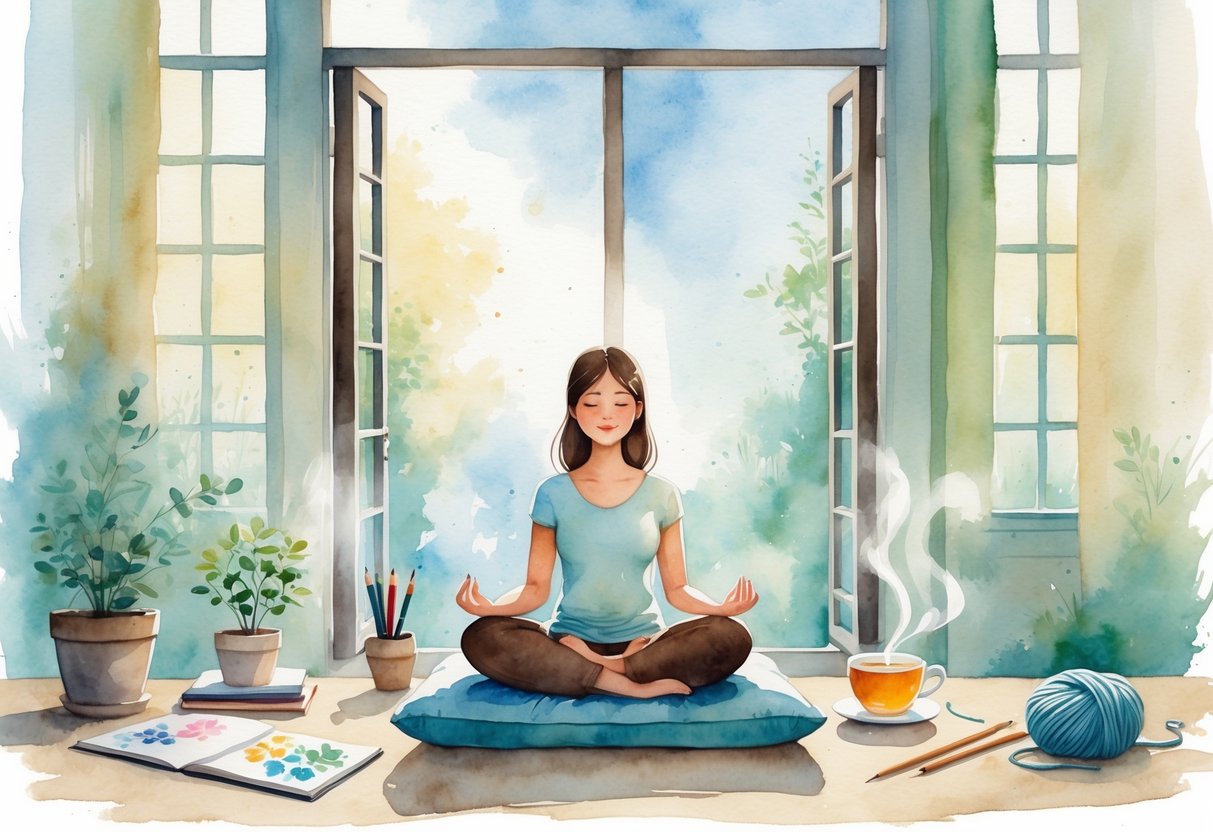 A person sitting cross-legged on a cushion in a peaceful room surrounded by a plant, sketchbook, tea cup, and knitting materials.