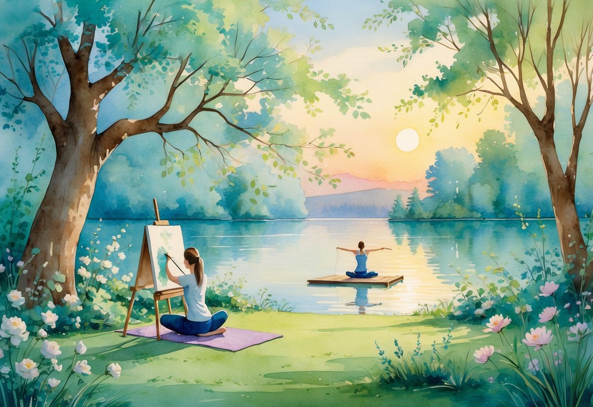 A peaceful outdoor scene with people painting, doing yoga, and fishing by a lake surrounded by trees and flowers.