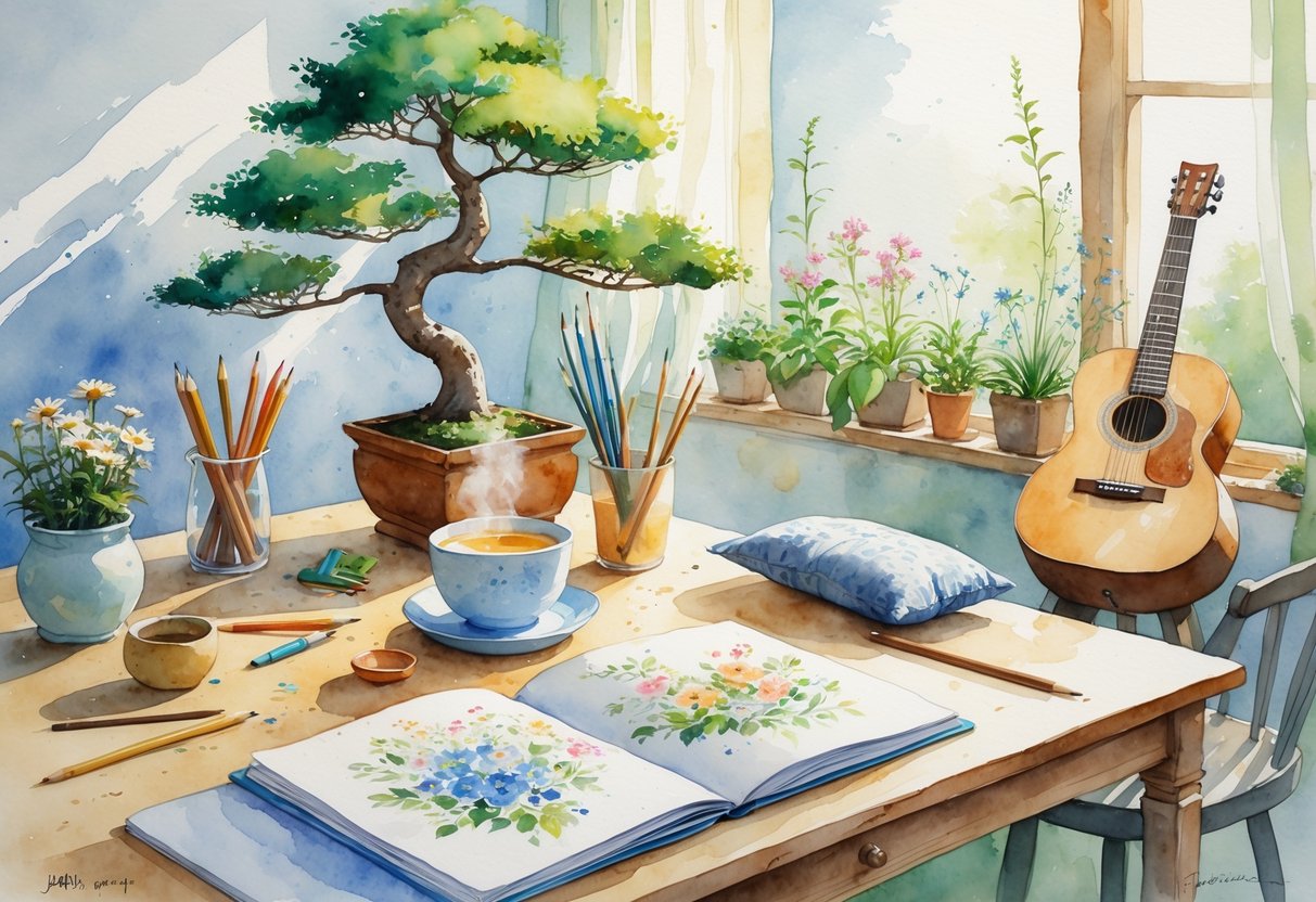 A peaceful indoor scene showing a workspace with art supplies, plants, tea, knitting materials, gardening tools, and a person meditating.