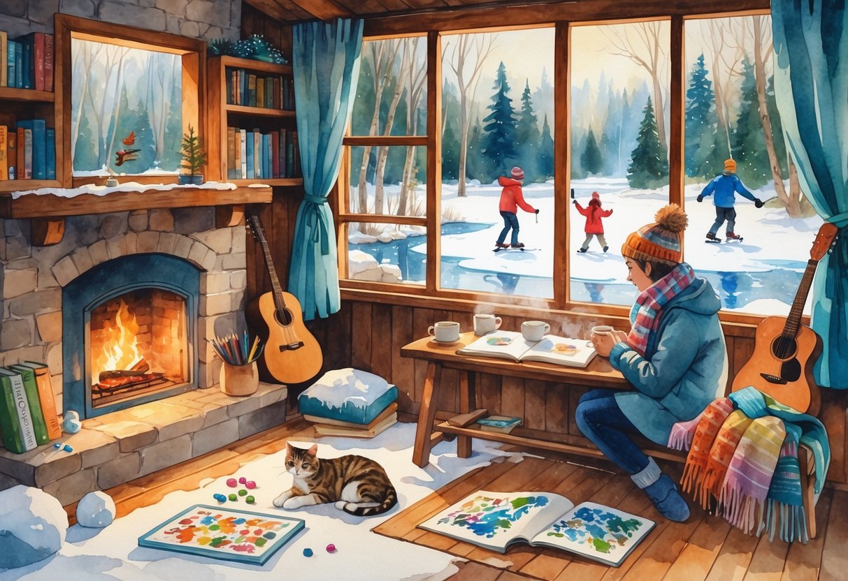 A cozy cabin interior with a person knitting by the fireplace, a table with a book, tea, and art supplies, a cat near a puzzle, a guitar by a bookshelf, and a snowy scene outside showing people ice skating and building a snowman.