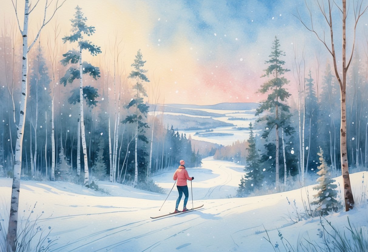 A person cross-country skiing on a snowy trail through a forest of snow-covered trees with hills and frozen lakes in the background.