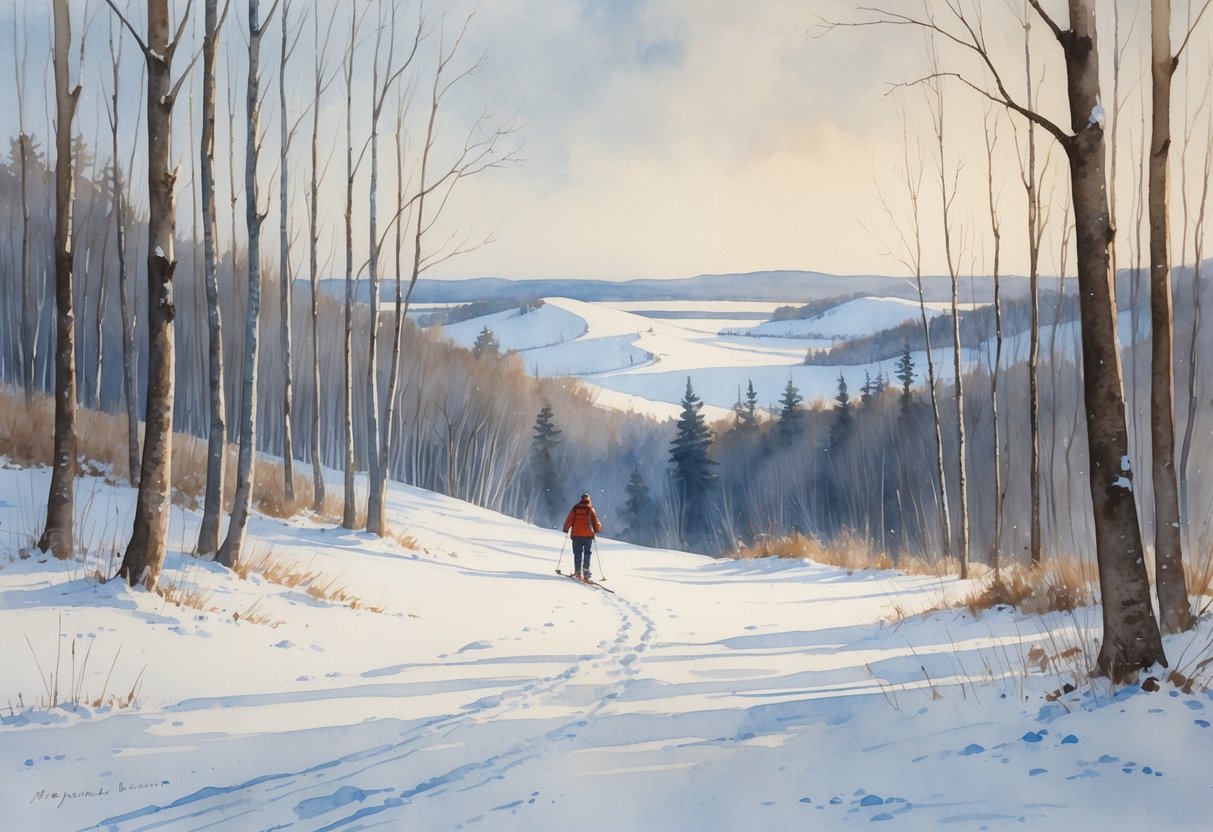 A person snowshoeing along a snowy trail through a forest near snow-covered dunes and a frozen lake.