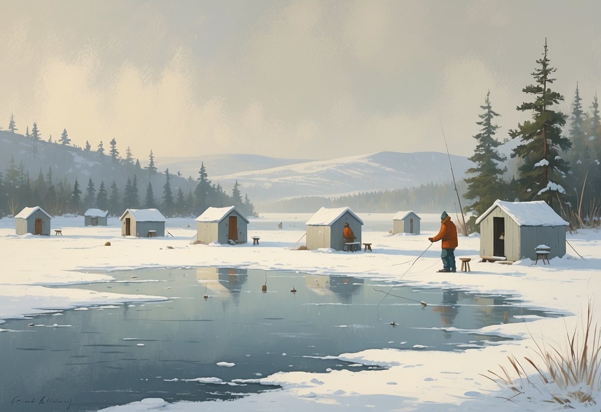 People ice fishing on a frozen lake surrounded by snow-covered trees and hills in winter.