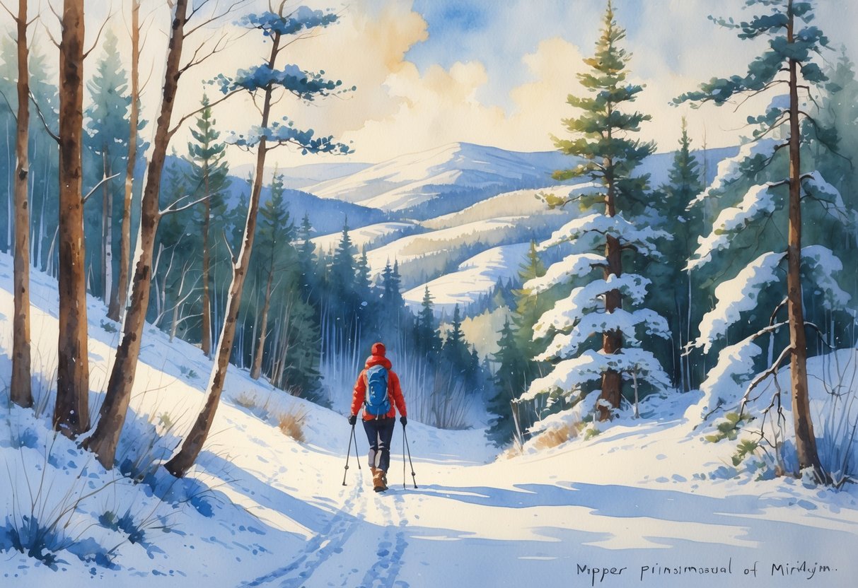 A lone hiker walking on a snow-covered trail through a forest of tall pine trees with distant hills in the background.