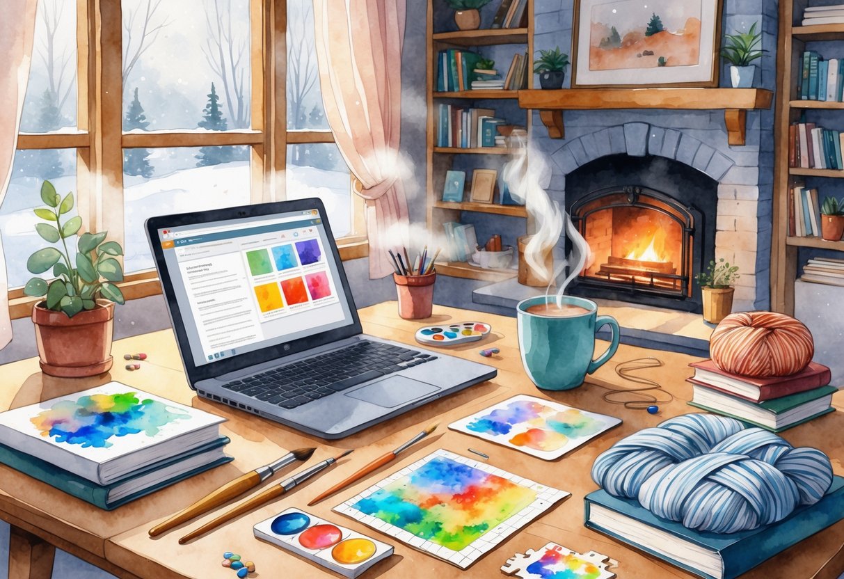 A person sitting at a table using a laptop surrounded by art supplies, knitting materials, books, and a steaming mug, with a snowy window and a cozy living room in the background.