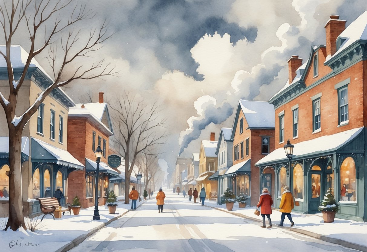 A quiet small town street in winter with snow-covered buildings, bare trees, and people walking along the sidewalk.