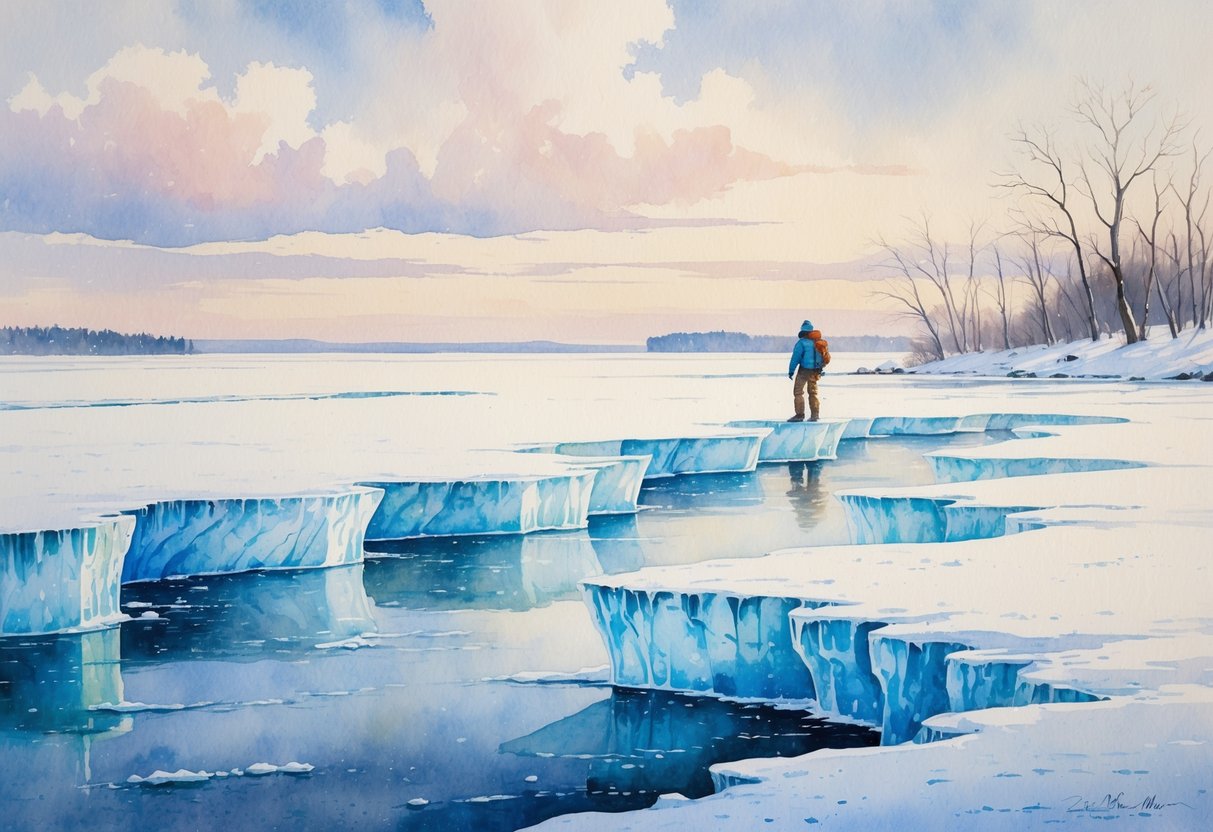 A person exploring large ice formations on a frozen lake with snow-covered shore and bare trees in the background under a cloudy sky.