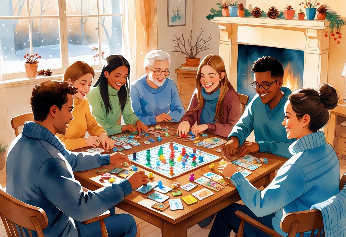 A group of people playing board games together around a table in a cozy living room with a fireplace.