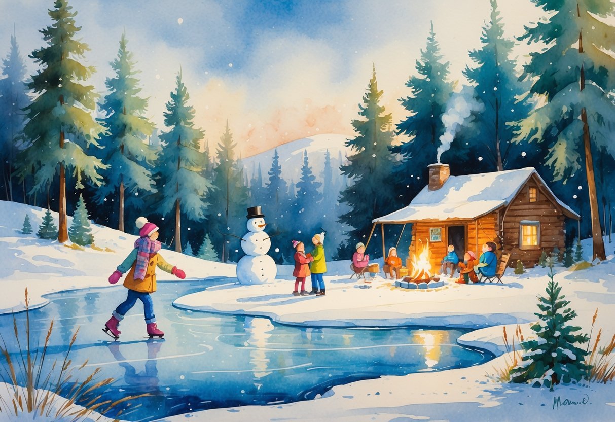 A snowy winter landscape with people ice skating, building a snowman, and sitting around a campfire near a cabin surrounded by pine trees.