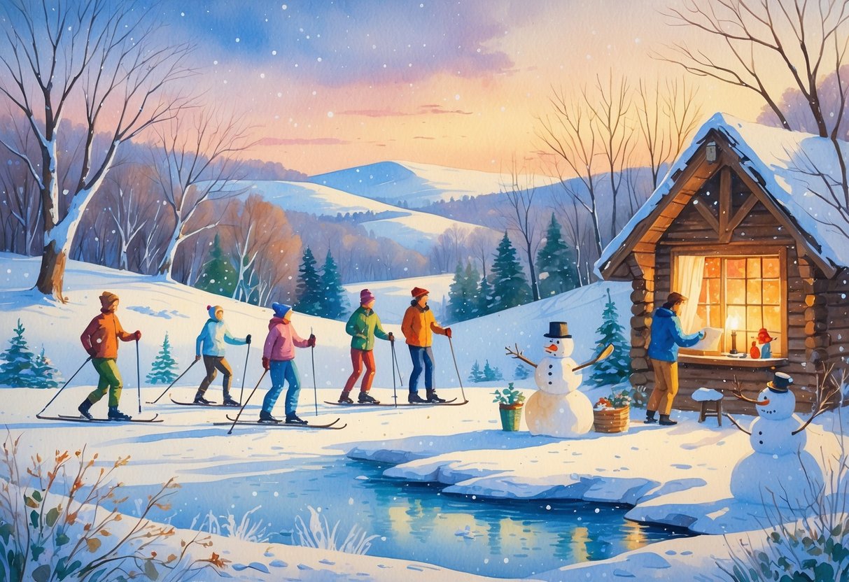 A winter landscape showing people skiing, ice skating, building a snowman, and reading by a cabin window surrounded by snow-covered hills and trees.