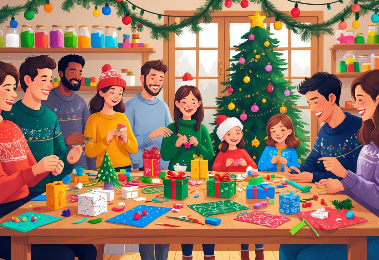 A cozy indoor scene with people making various Christmas crafts like ornaments, wreaths, stockings, and decorated gift boxes around a table filled with craft supplies.