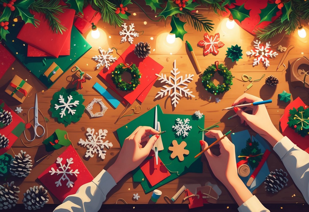 A festive workspace with hands making Christmas crafts, surrounded by colorful materials and handmade holiday decorations.