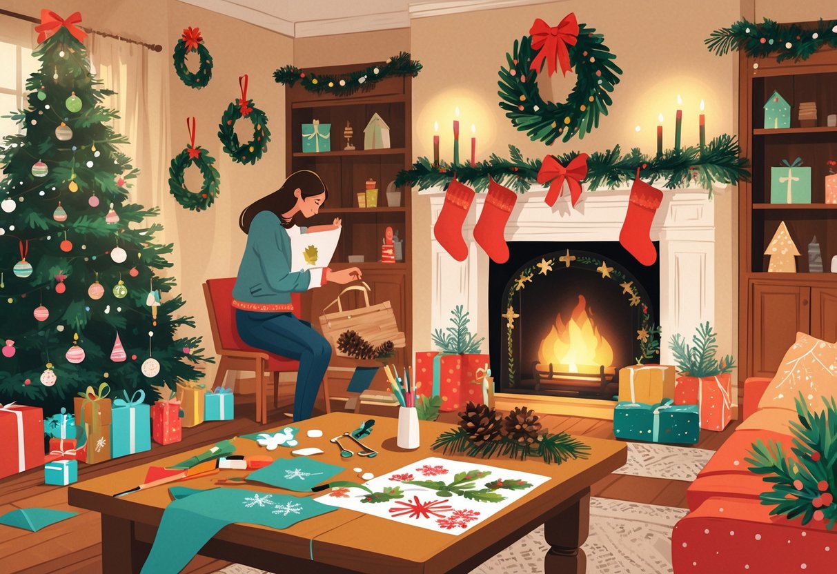 A cozy living room decorated for Christmas with a tree, handmade ornaments, wreaths, craft supplies, and festive decorations.