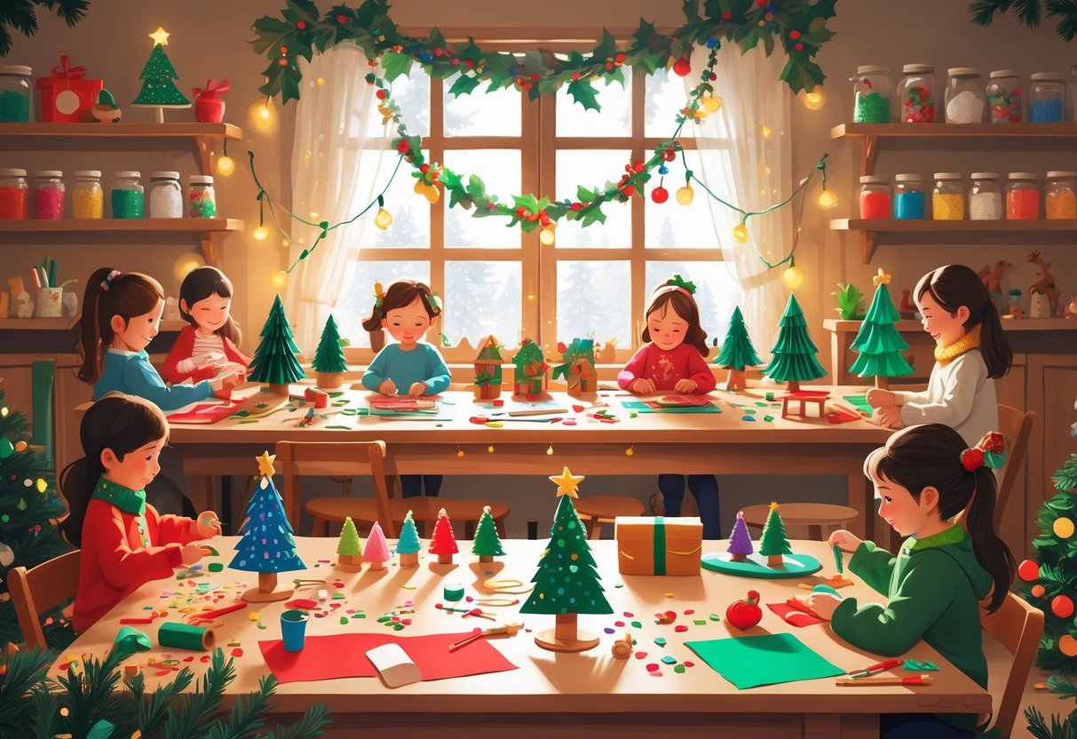 Children and adults making various Christmas crafts together in a cozy, decorated room with craft supplies and festive decorations.