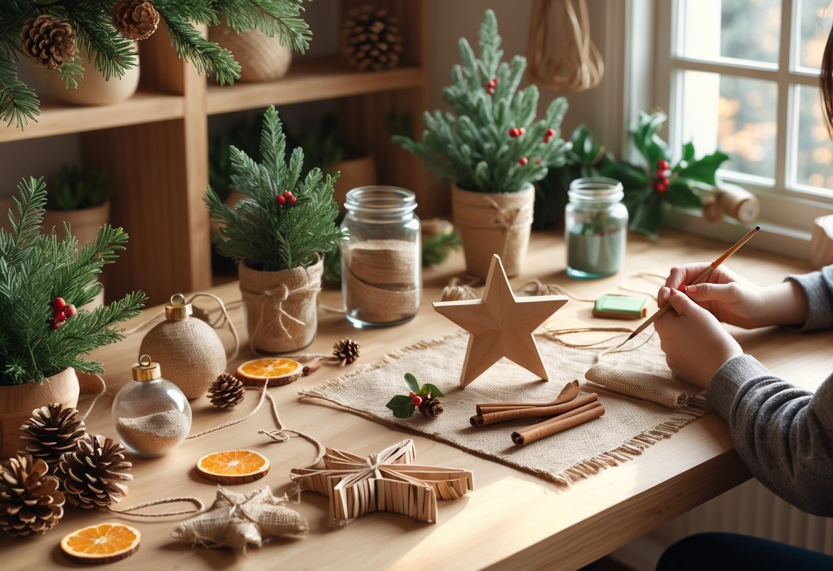 A cozy craft room with eco-friendly Christmas decorations and handmade ornaments on a wooden table, surrounded by natural materials and plants.