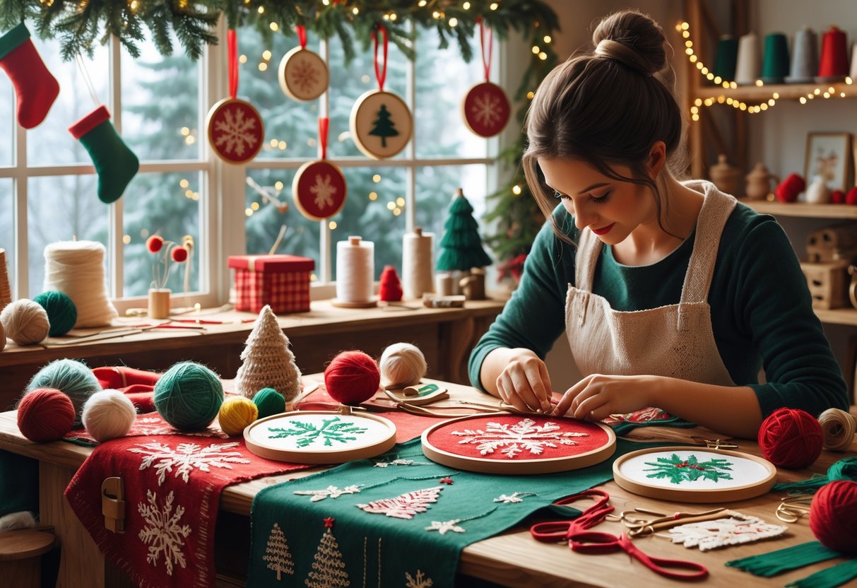 A cozy workspace with hands sewing Christmas-themed textile crafts like stockings, ornaments, and embroidery surrounded by yarn, fabric, and crafting tools.