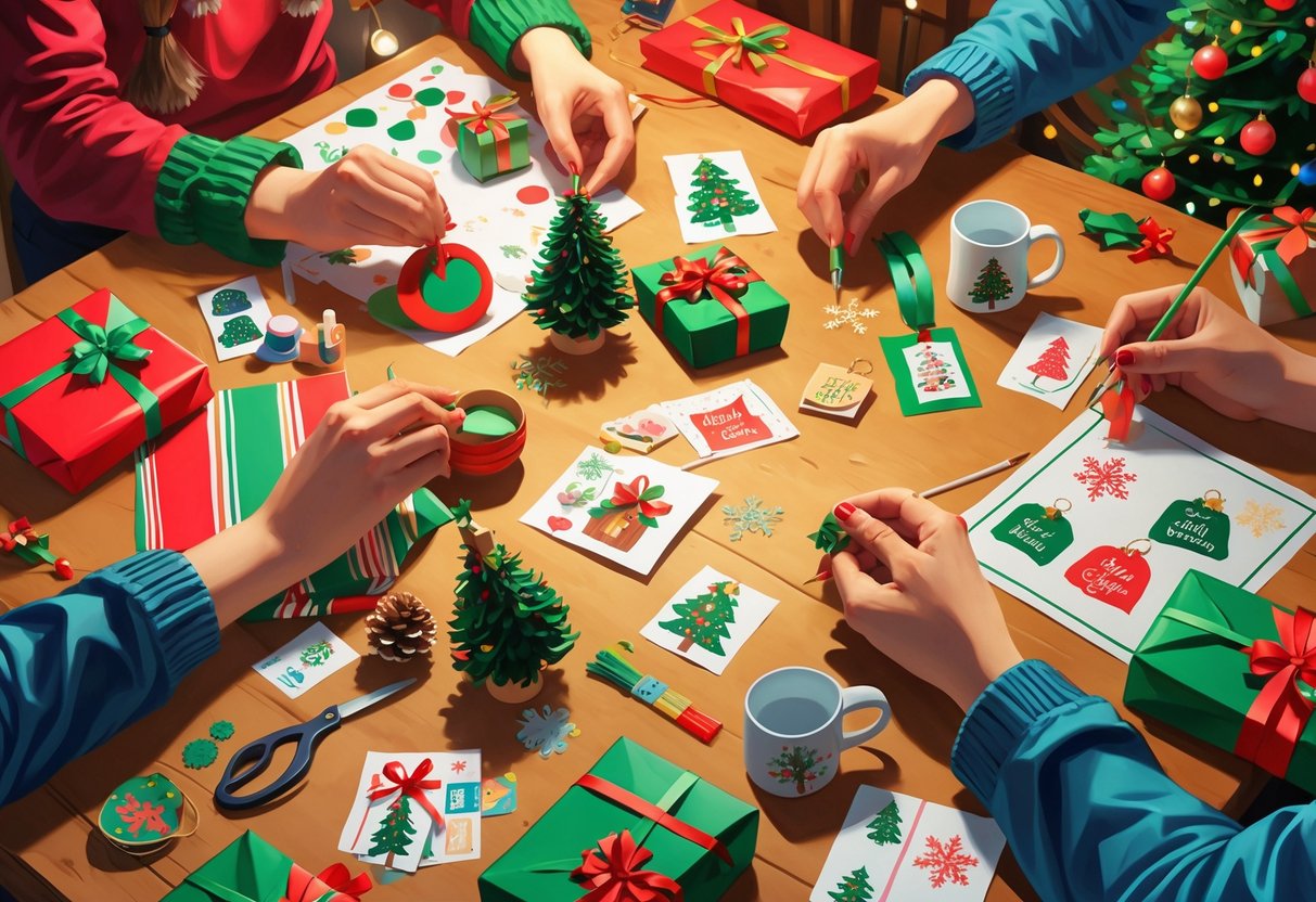 A festive indoor scene showing people making Christmas crafts and personalized gifts at a table filled with art supplies and decorations.
