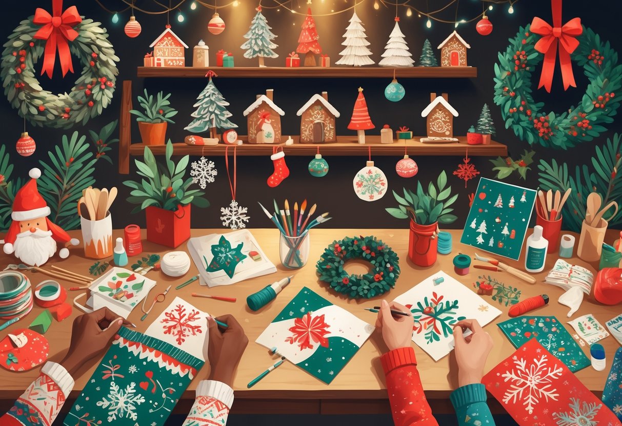 A festive workspace filled with various Christmas crafts and DIY projects, including handmade ornaments, wreaths, knitted stockings, and decorated holiday items.