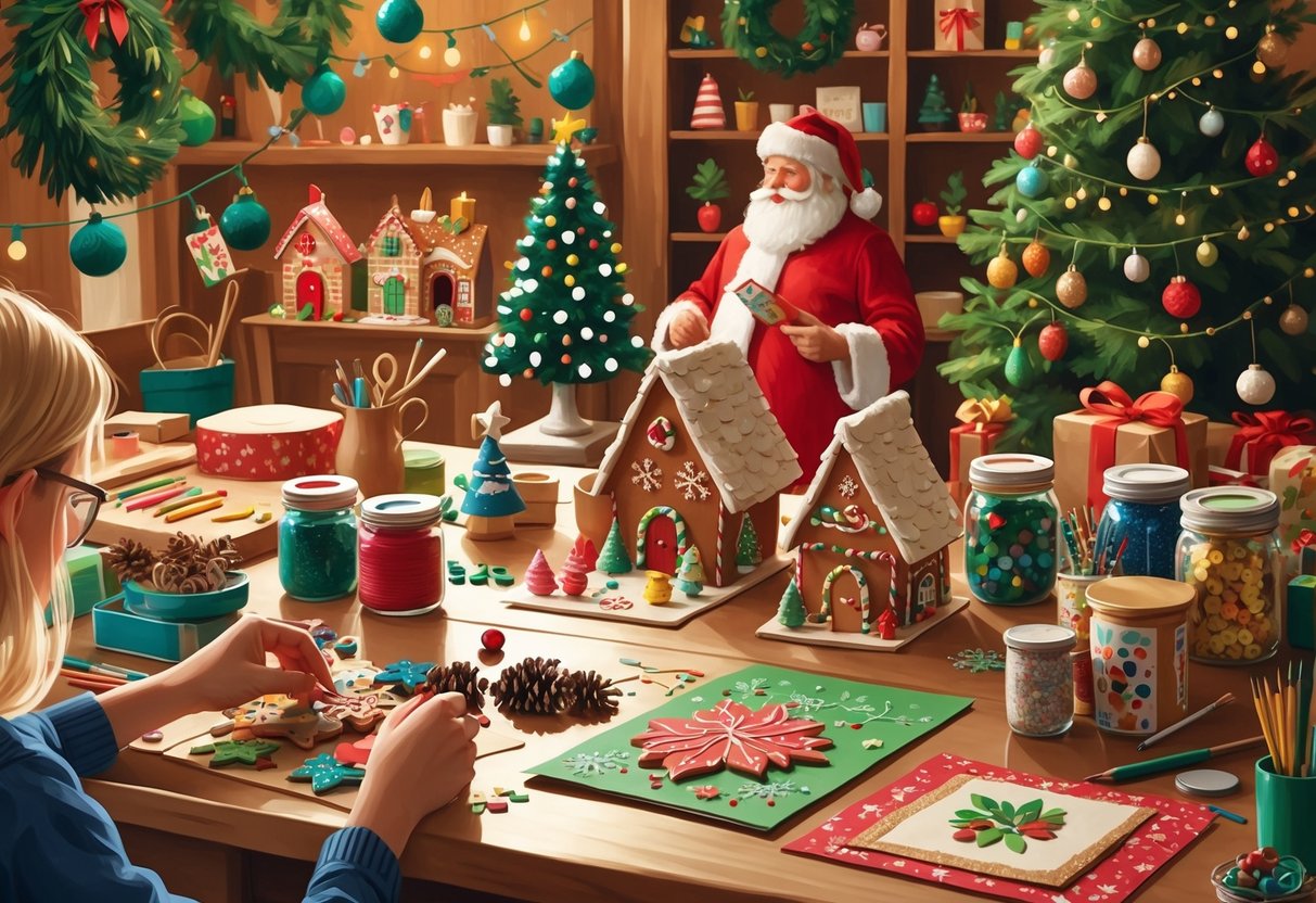 A cozy craft room filled with Christmas decorations and various holiday-themed DIY projects on a table, including ornaments, paper snowflakes, pinecones, and knitted stockings.