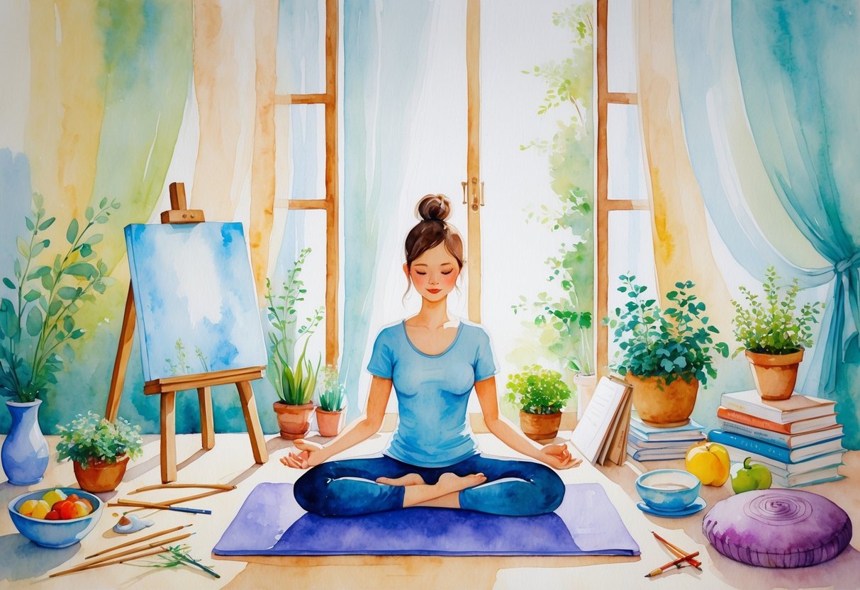 A peaceful room showing a massage therapist practicing yoga surrounded by items representing hobbies like painting, writing, tea drinking, gardening, reading, knitting, playing music, cooking, and meditation.