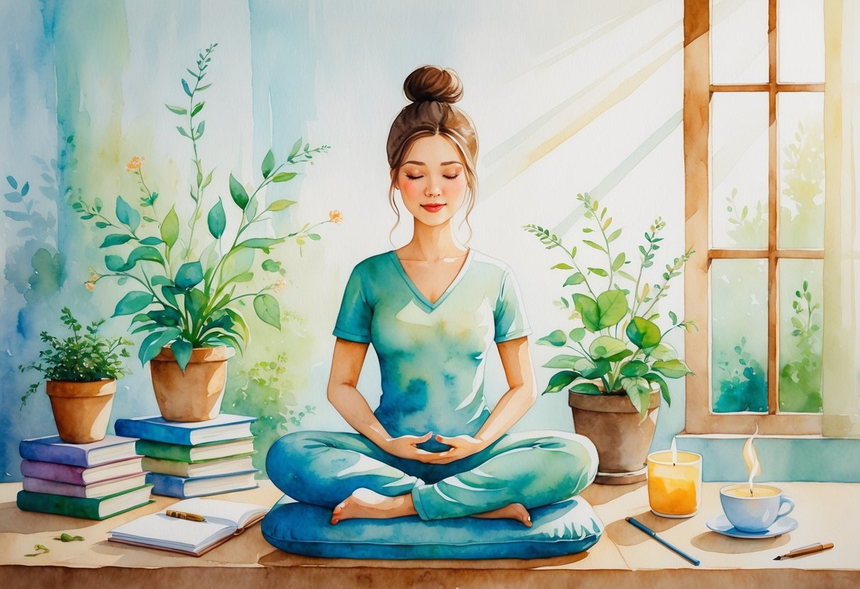 A person sitting cross-legged on a cushion in a peaceful room surrounded by plants, books, a candle, and a cup of tea.