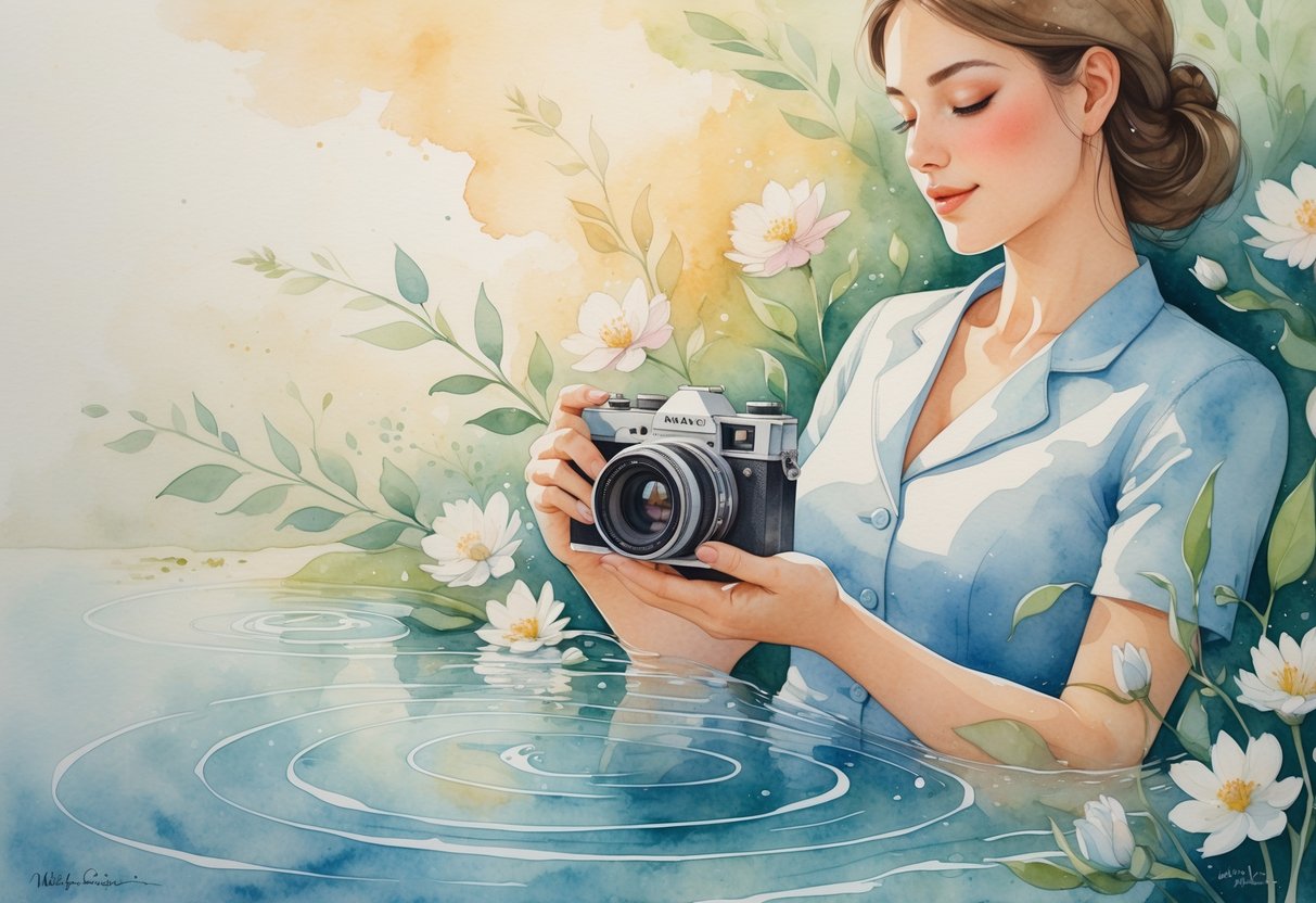 A person holding a vintage camera surrounded by flowers and leaves near gentle water ripples in a peaceful natural setting.