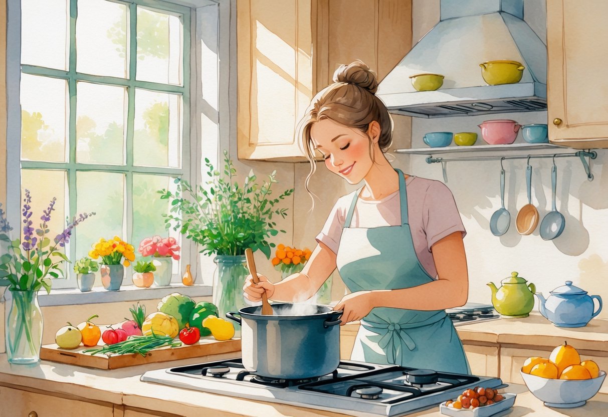 A person cooking in a cozy kitchen surrounded by fresh ingredients and natural light, creating a peaceful and nurturing atmosphere.