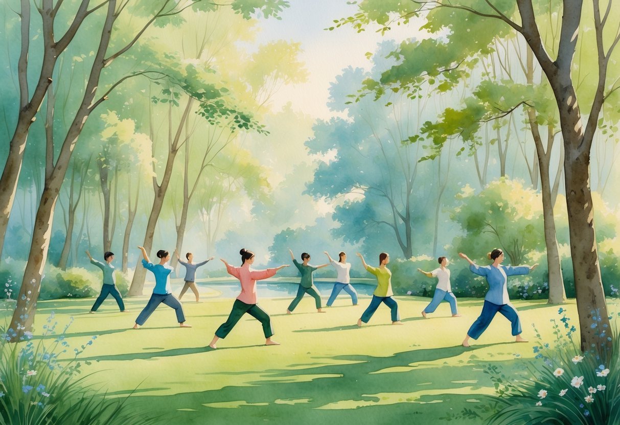 A group of people practicing Tai Chi in a peaceful park surrounded by trees and greenery.