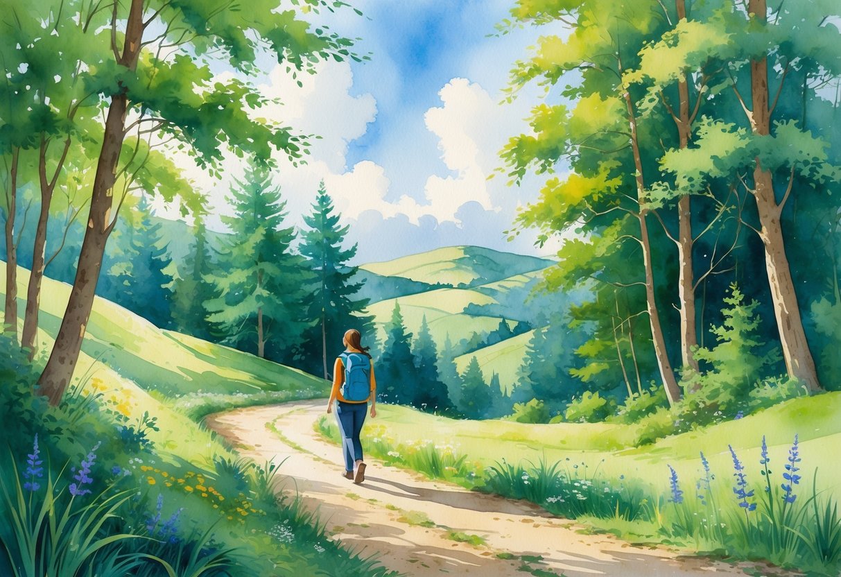 A person hiking on a forest trail surrounded by trees, wildflowers, and hills under a partly cloudy sky.