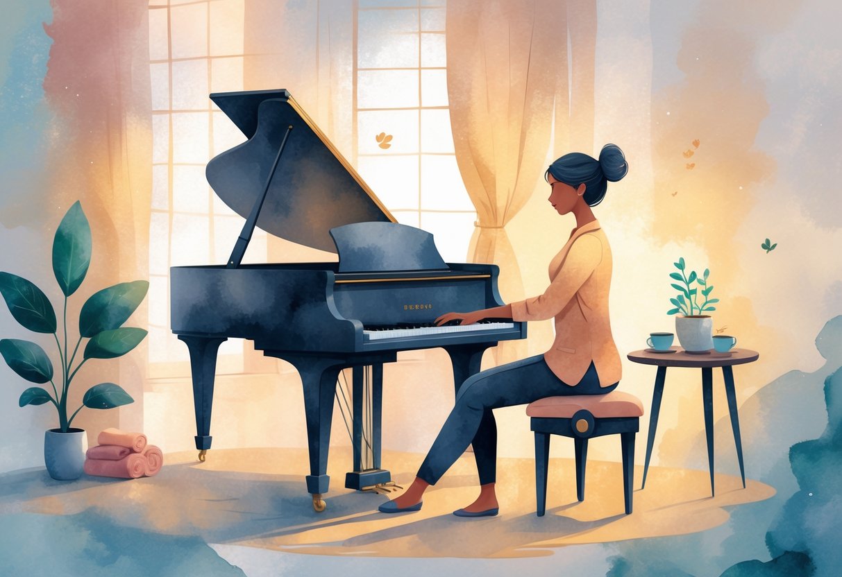 A person playing a grand piano in a cozy room with natural light, surrounded by a plant, towel, and cup of tea.