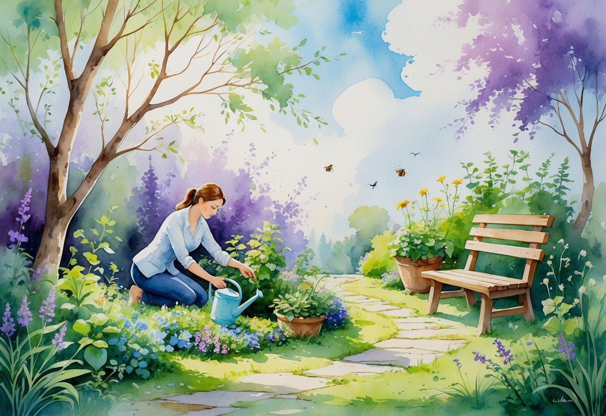 A person gently watering plants in a peaceful garden filled with flowers, herbs, and trees under soft sunlight.
