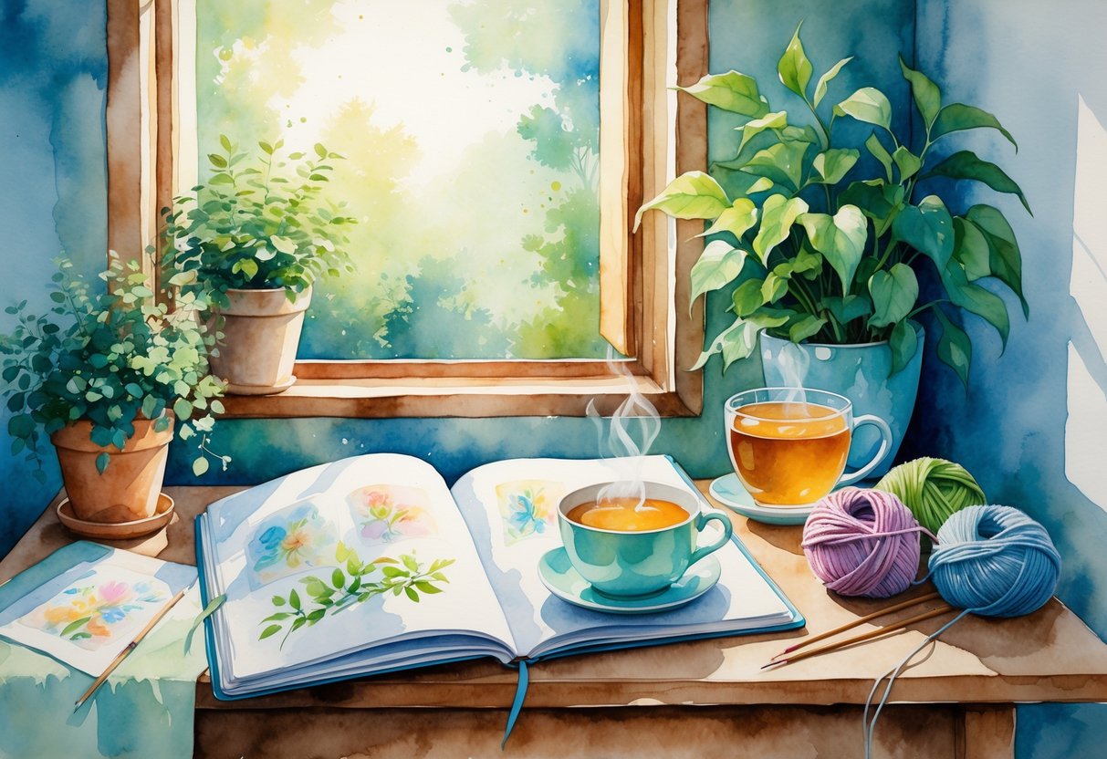 A peaceful scene showing a cozy corner with a sketchbook, potted plant, cup of tea, and knitting materials on a wooden table near a window with sunlight.