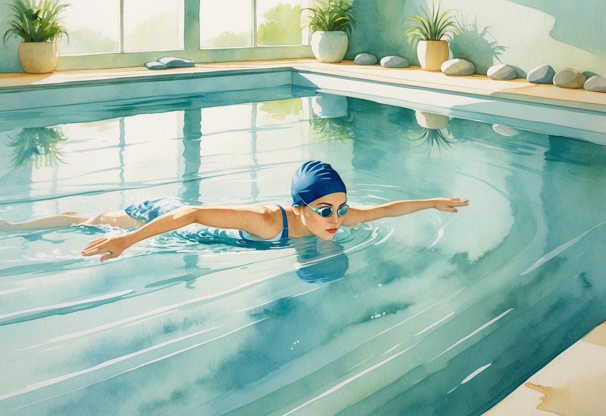 A person swimming gracefully in a calm indoor pool surrounded by plants and natural light.