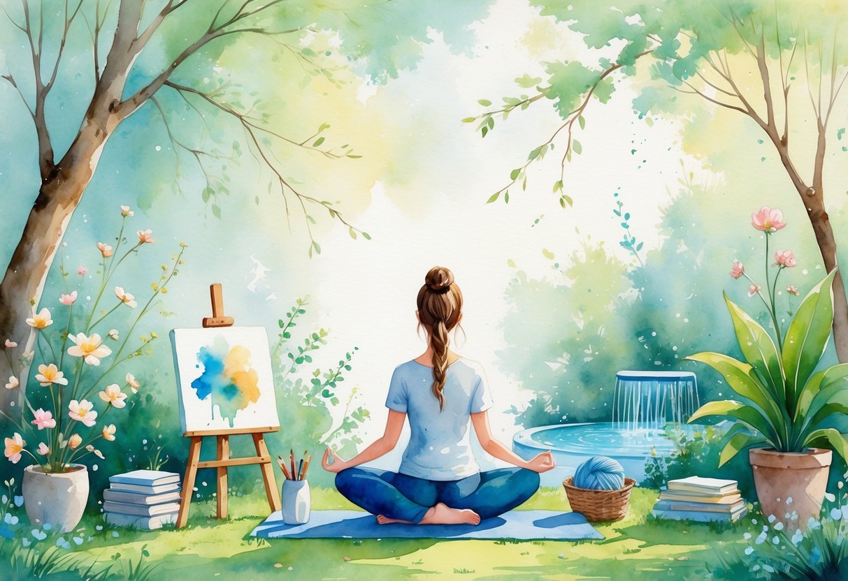 A massage therapist sitting peacefully in a garden surrounded by art supplies, books, plants, and a water fountain, symbolizing relaxation and self-care.