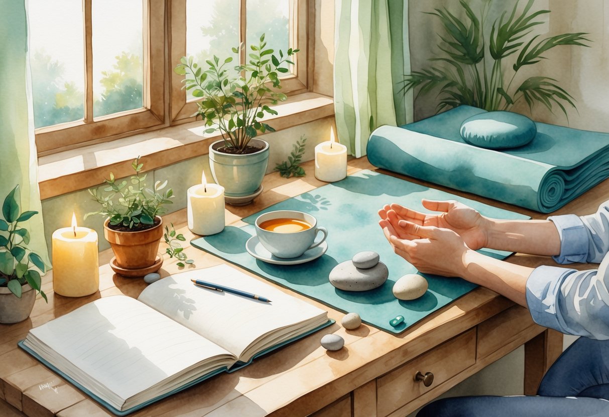 A peaceful indoor scene showing a wooden table with candles, a potted plant, herbal tea, an open journal, massage stones held by hands, and a yoga mat with a meditation cushion in the background.