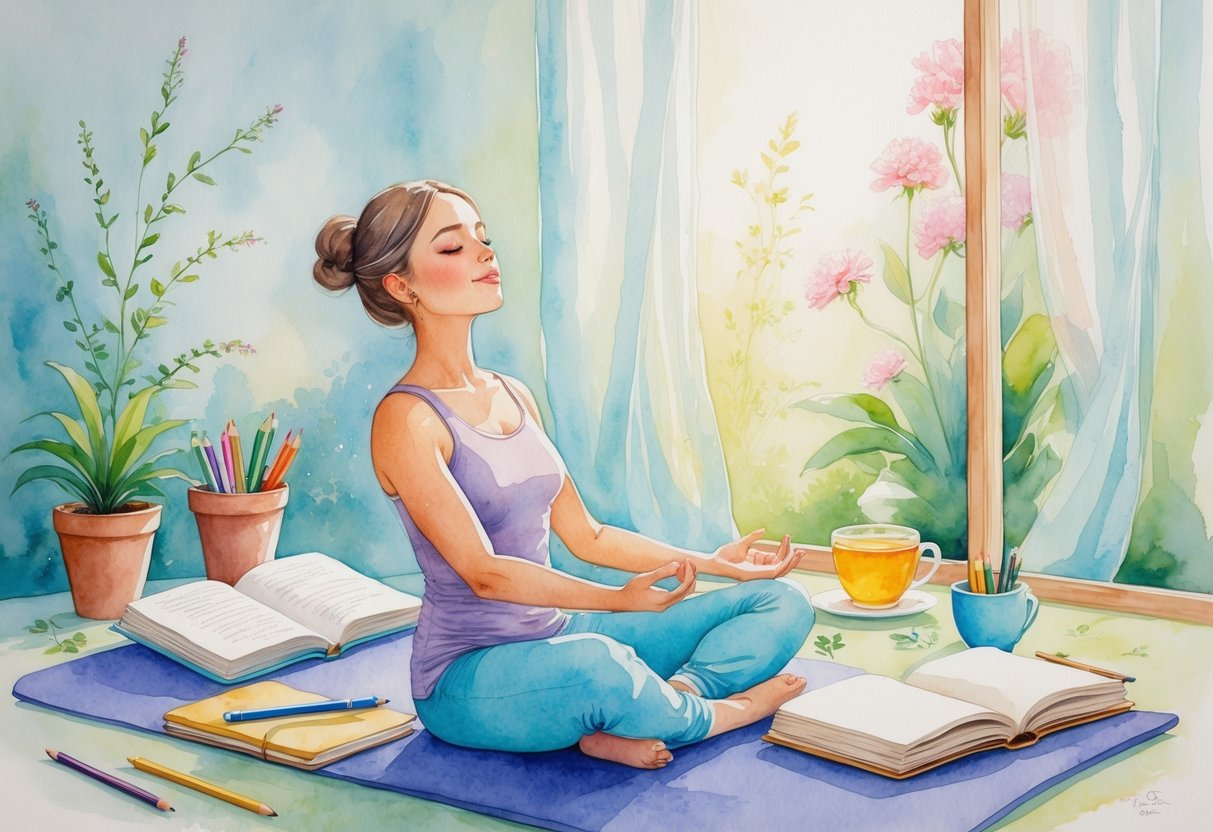 A peaceful indoor scene showing a person meditating on a yoga mat surrounded by plants, books, art supplies, and a cup of tea near a window with sunlight.