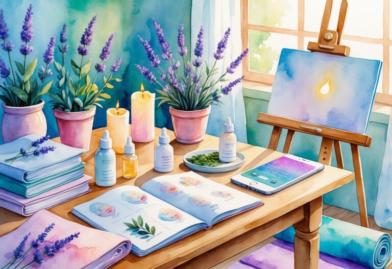 A peaceful workspace with skincare products, plants, candles, a notebook, a yoga mat, and a painting easel, showing hobbies of estheticians and beauty professionals.