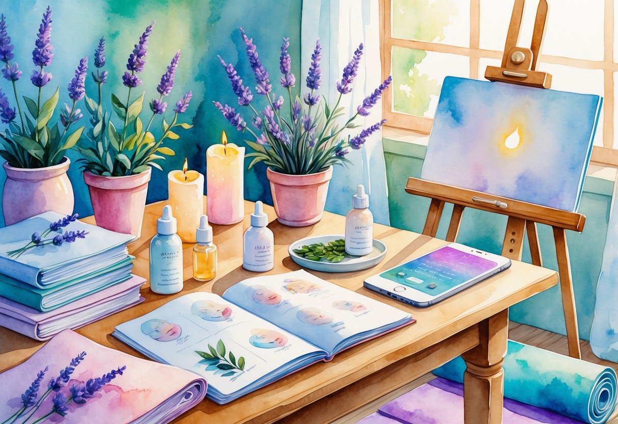 A peaceful workspace with skincare products, plants, candles, a notebook, a yoga mat, and a painting easel, showing hobbies of estheticians and beauty professionals.