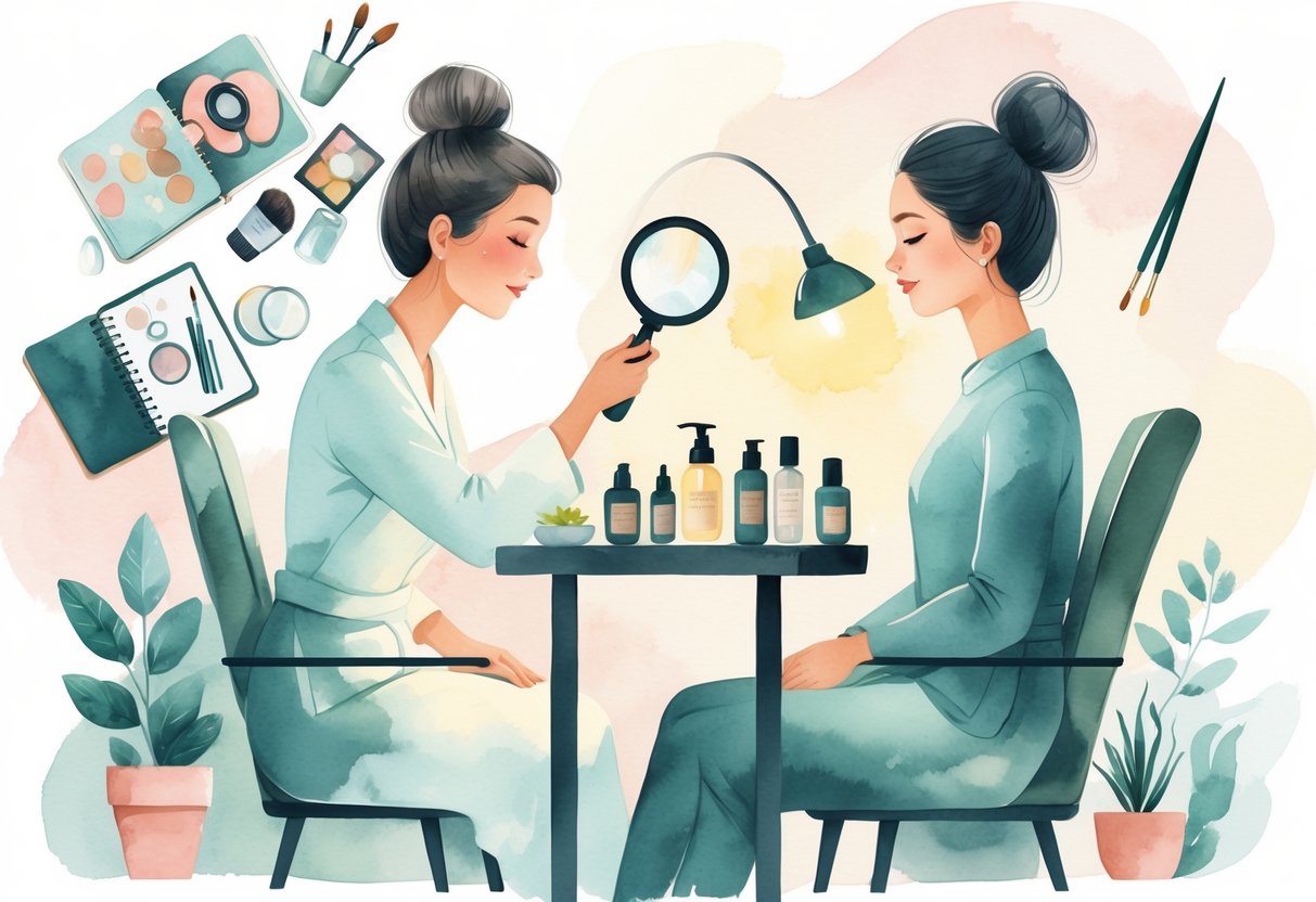 A professional esthetician gently examining a client's skin at a small table with skincare products around them.