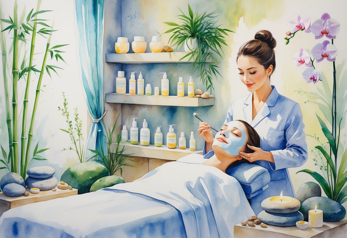A peaceful spa room with a beauty professional applying a facial treatment to a relaxed client, surrounded by plants and skincare products.